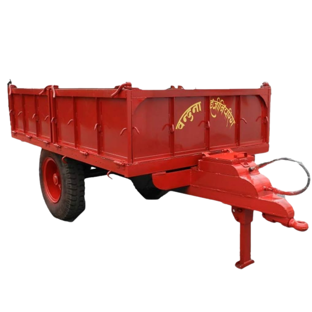 Orange hydraulic tractor trailer for farm use
